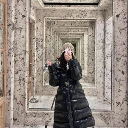 Moncler's new Bellevue women's long belted down jacket